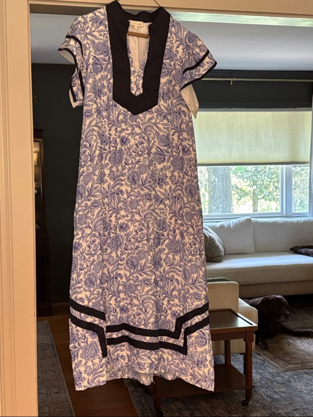 entro Blue and White Floral Midi Dress with Black Trim